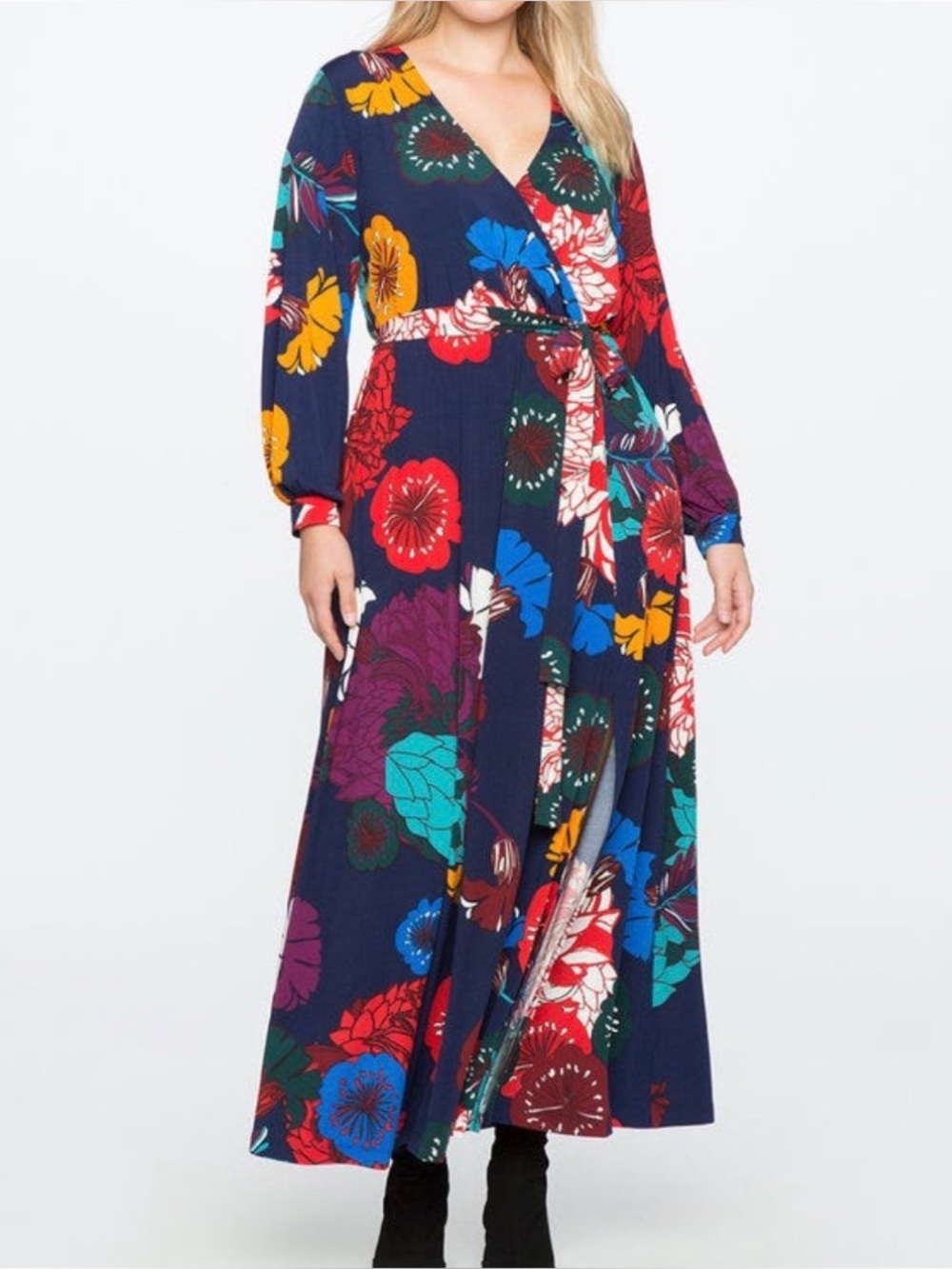 Eloquii 24 Women's Floral Print Maxi Dress Long Sleeve V-Neck Wrap Dress 3x